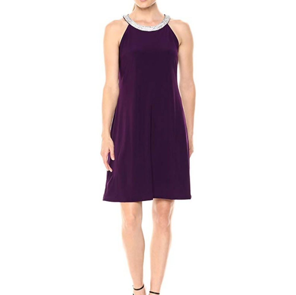 NWT above knee black dress rhinestone neckline L
